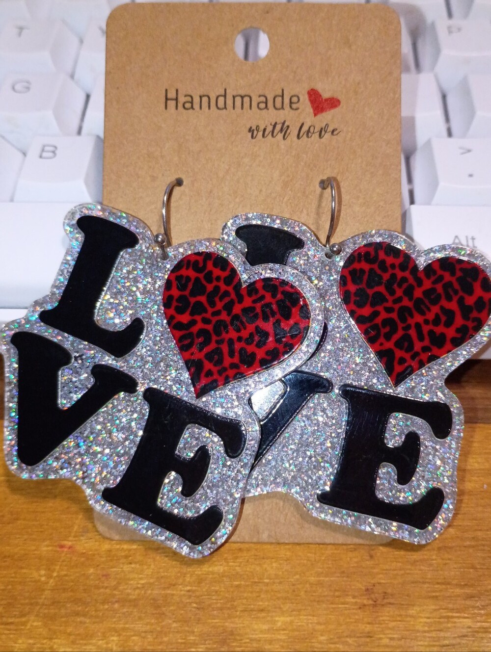 Black LOVE Sparkle Earrings with Red Leopard Animal Print Heart